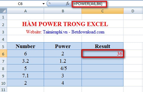 Hàm POWER tính lũy thừa trong Excel