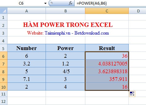 Hàm POWER tính lũy thừa trong Excel