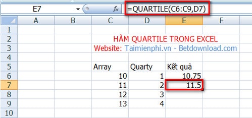 Excel - Hàm QUARTILE, Hàm trả về tứ phân vị của tập dữ liệu