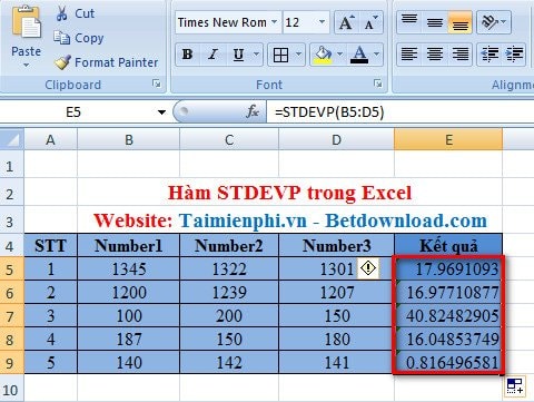 Excel - Hàm STDEVP, Hàm tính độ lệch chuẩn, Ví dụ và cách dùng