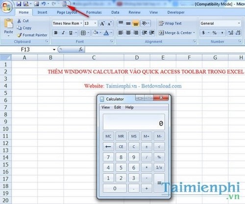 Thêm Window Calculator vào Quick Access Toolbar trong Excel