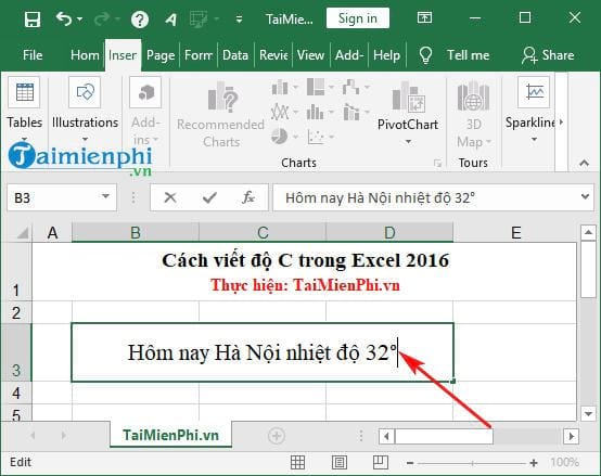 Cách viết độ C trong Excel 2016 bằng tổ hợp phím tắt