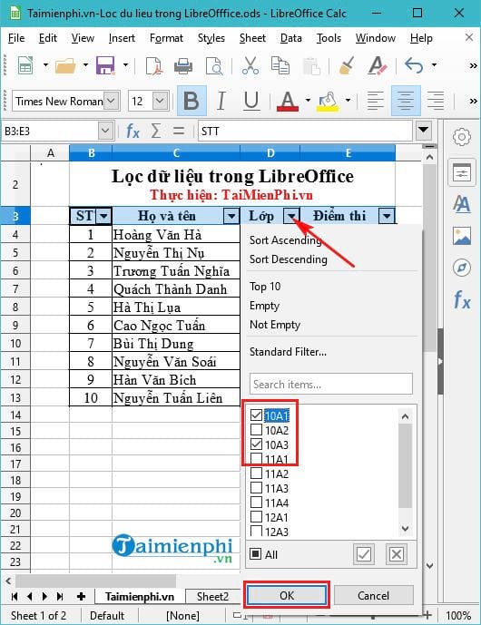 Lọc dữ liệu trong LibreOffice