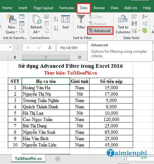 Sử dụng Advanced Filter trong Excel 2016