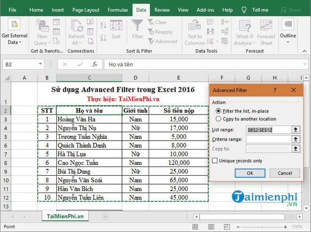 su dung advanced filter trong excel 2016 5