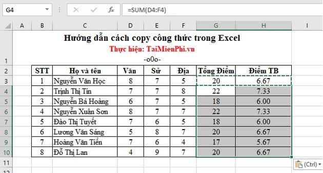 Hướng dẫn cách copy công thức trong Excel