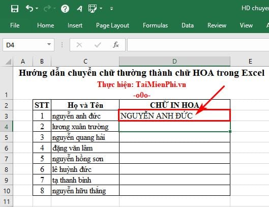 Hướng dẫn chuyển chữ thường thành chữ hoa trong Excel 2016, 2013, 2007