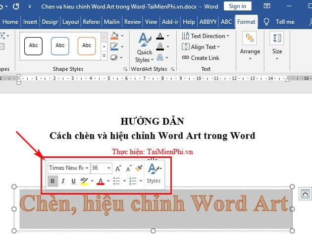 cach chen va hieu chinh word art trong word 5