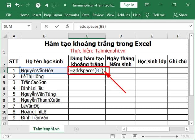 Hàm tạo khoảng trắng trong Excel 13 ham tao khoang trang trong excel 6