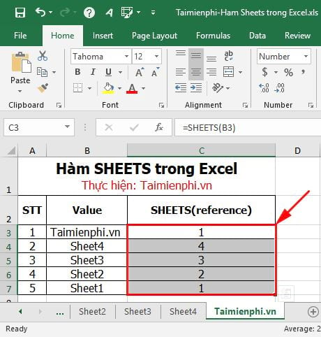 Hàm SHEETS trong Excel 2013, 2016, 2019