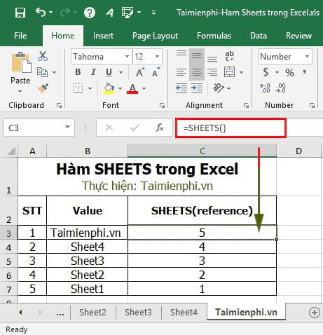 Hàm SHEETS trong Excel 2013, 2016, 2019