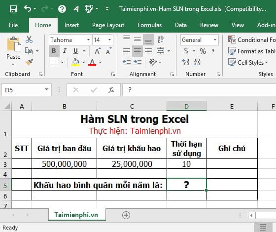 Hàm SLN trong Excel