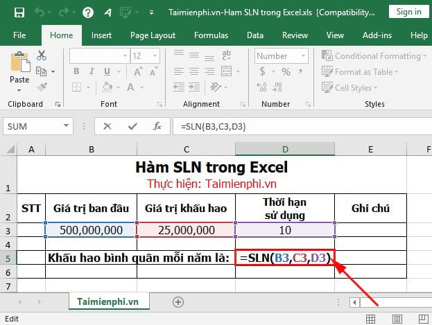 Hàm SLN trong Excel