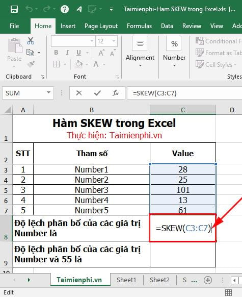 Hàm SKEW trong Excel