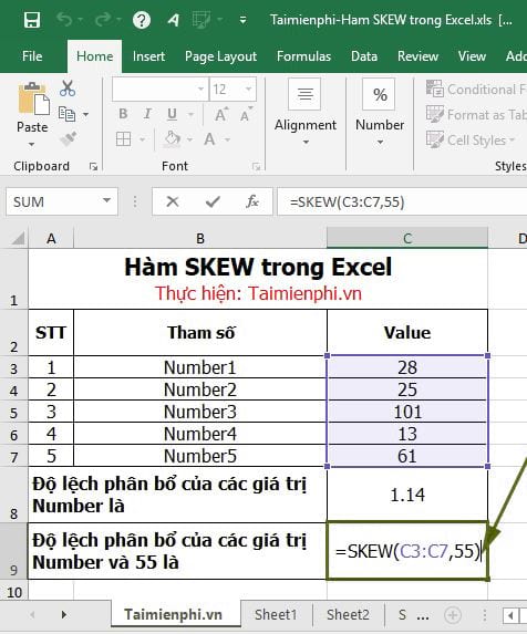 Hàm SKEW trong Excel