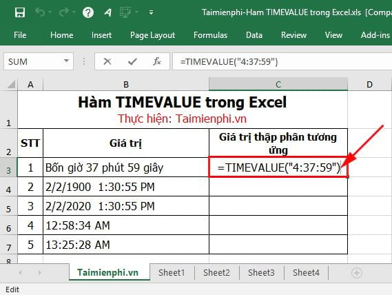 Hàm TIMEVALUE trong Excel