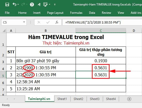 Hàm TIMEVALUE trong Excel