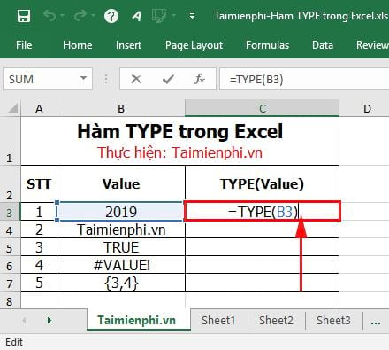 Hàm TYPE trong Excel