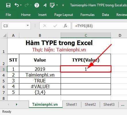 Hàm TYPE trong Excel