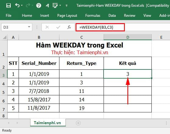 Hàm WEEKDAY trong Excel