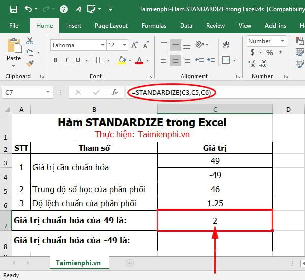 Hàm STANDARDIZE trong Excel
