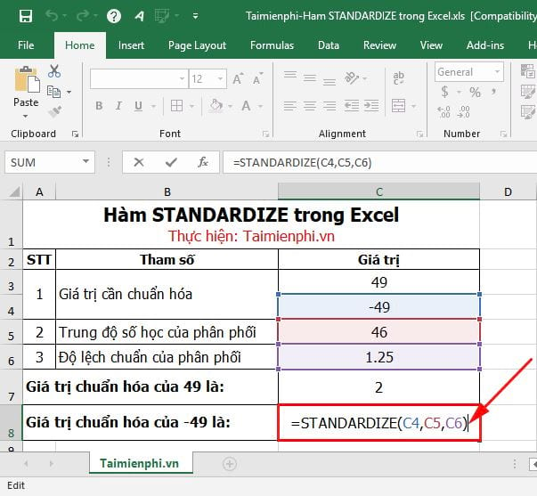 Hàm STANDARDIZE trong Excel