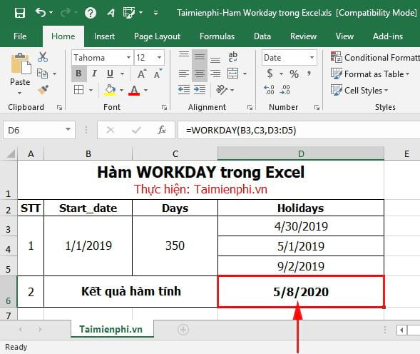 Hàm WORKDAY trong Excel