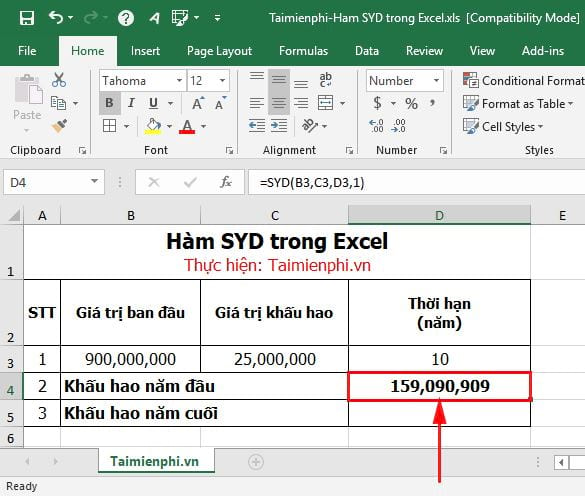 Hàm SYD trong Excel