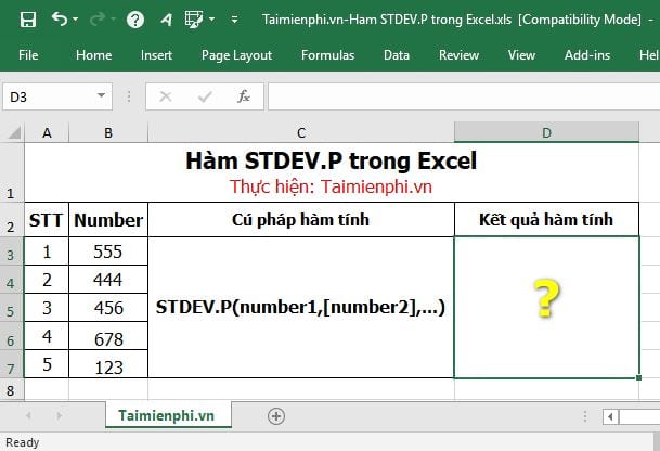 Hàm STDEV.P trong Excel