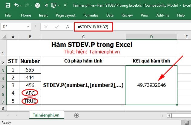 Hàm STDEV.P trong Excel