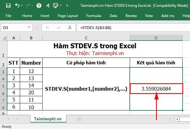 Hàm STDEV.S trong Excel