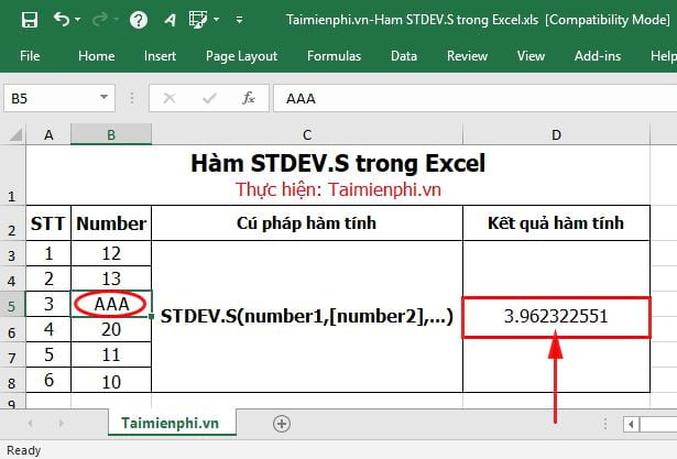 Hàm STDEV.S trong Excel
