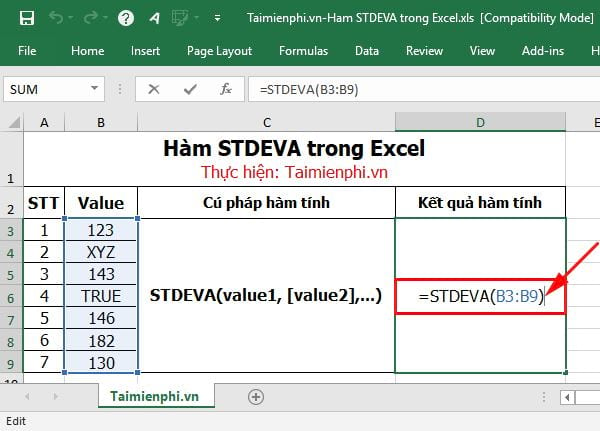 Hàm STDEVA trong Excel