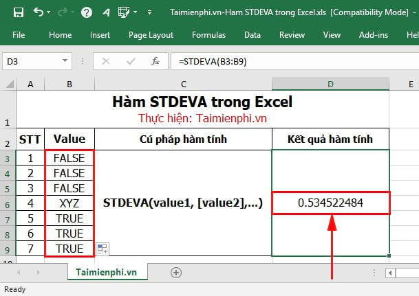 Hàm STDEVA trong Excel