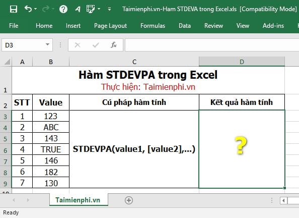 Hàm STDEVPA trong Excel