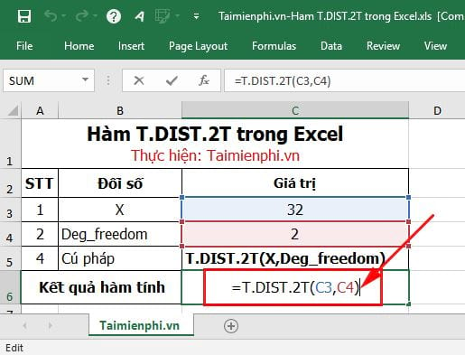 Hàm T.DIST.2T trong Excel