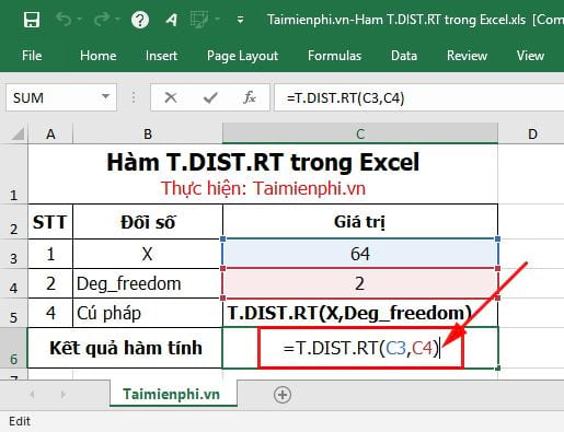Hàm T.DIST.RT trong Excel