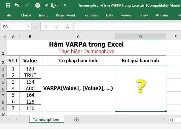 Hàm VARPA trong Excel