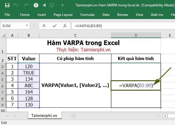 Hàm VARPA trong Excel