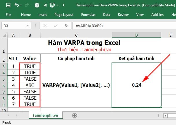 Hàm VARPA trong Excel