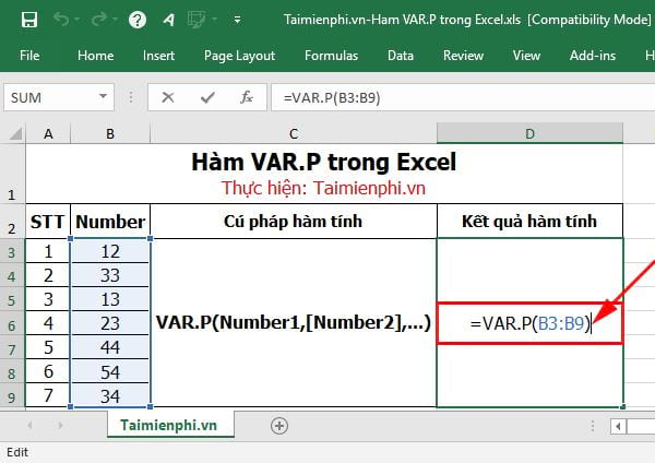 Hàm VAR.P trong Excel