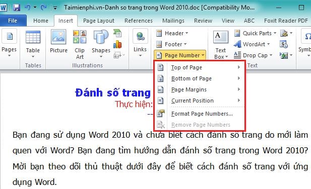 Cách đánh số trang trong Word 2010