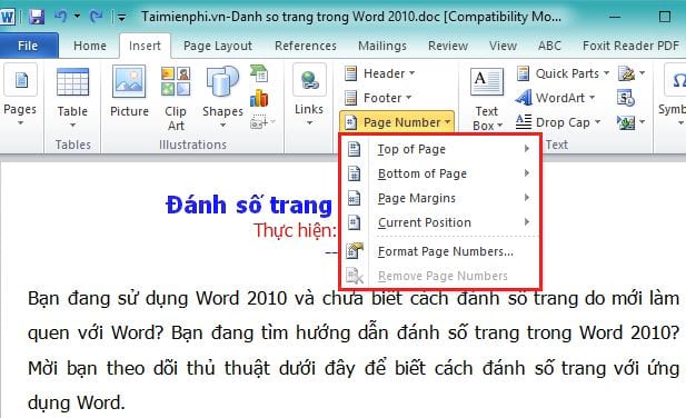 cach danh so trang trong microsoft word 2010