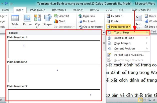 Cách đánh số trang trong Word 2010