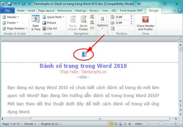 Cách đánh số trang trong Word 2010