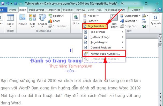 Cách đánh số trang trong Word 2010