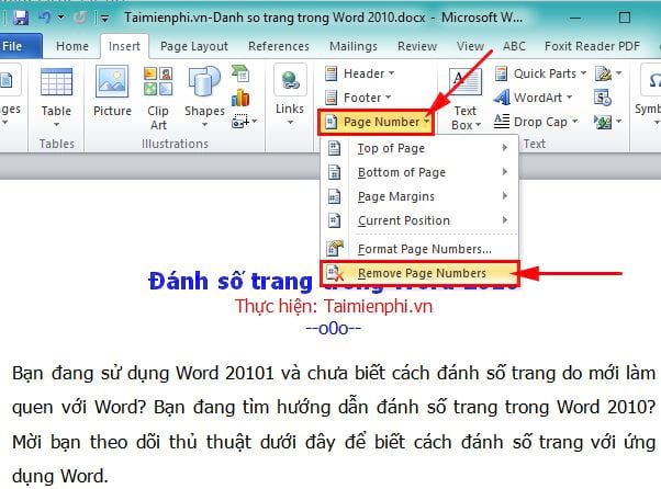 Cách đánh số trang trong Word 2010