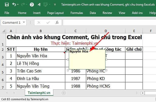 Hướng dẫn chèn hình ảnh vào khung Comment, Ghi chú trong Excel