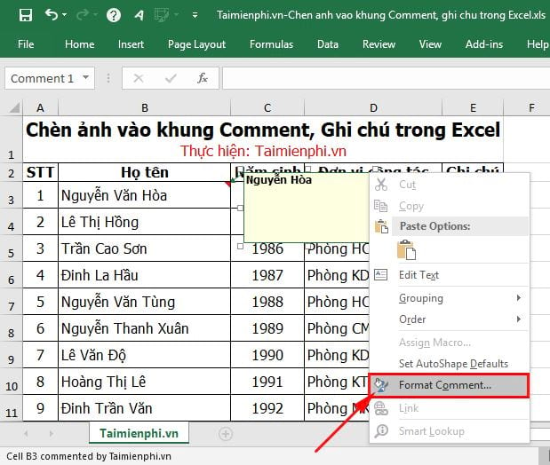 Hướng dẫn chèn hình ảnh vào khung Comment, Ghi chú trong Excel
