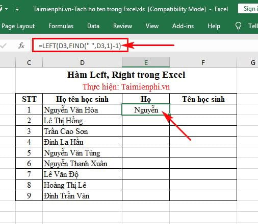 ham tach ho va ten trong excel ham left right 3